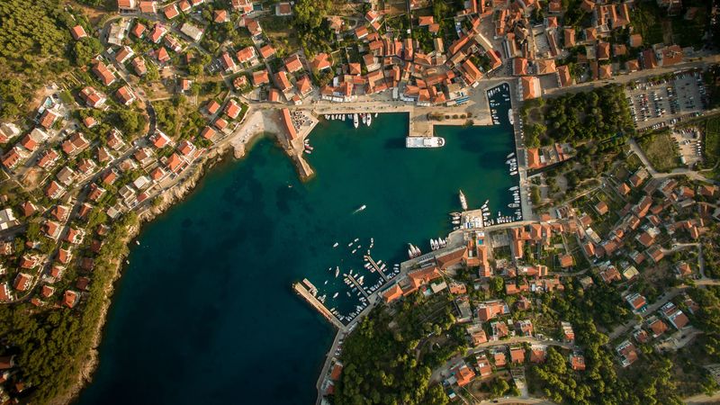 city, aerial view, roofs, coast, port, 4k