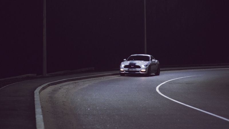 car, flashlight, road, night, 4k