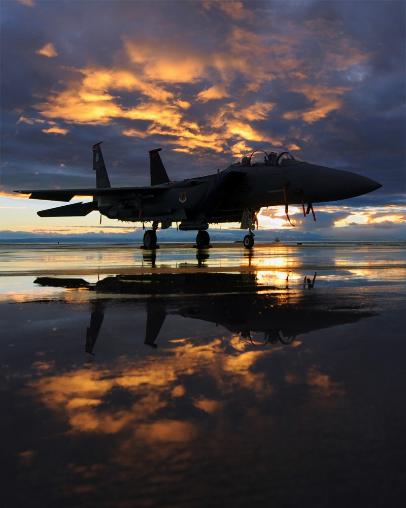 aircraft jet fighter air force sky clouds sunset 4k