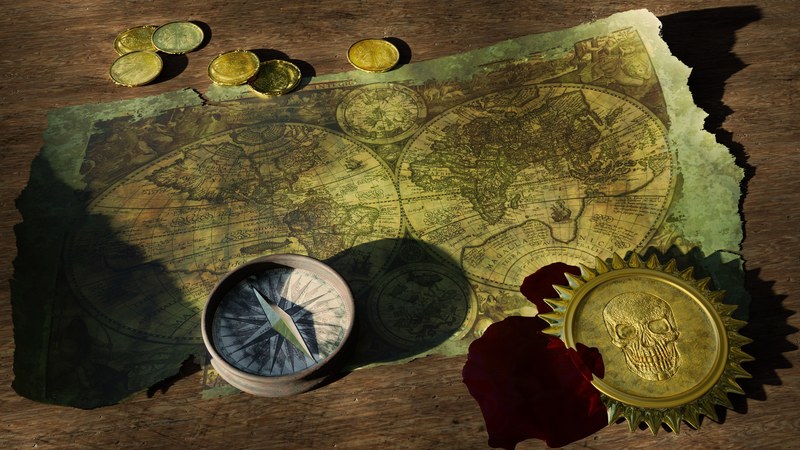 adventure still life old world map compass coins 4k