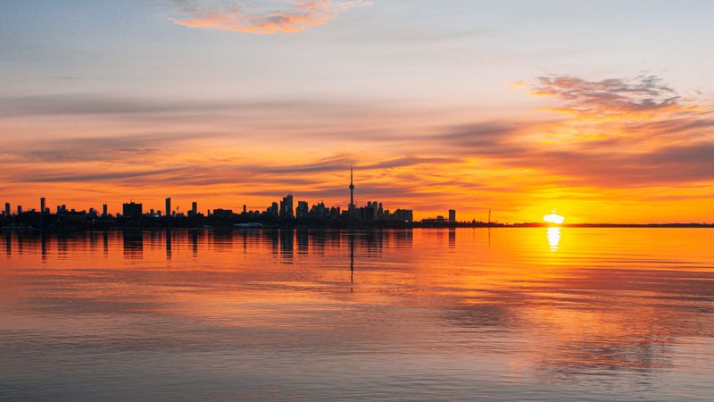 sunset, horizon, sun, sea, city, 4k