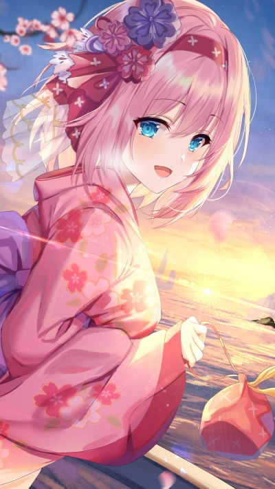 Anime Princess Connect! Re:Dive, Yui Kusano, Kimono, Aqua Eyes, Short Hair, Pink Hair, 2160x3840