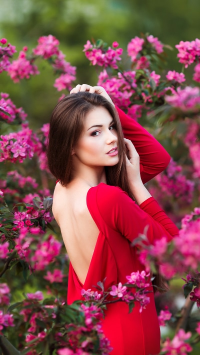 Women Model, Brunette, Red Dress, Pink Flower, 2160x3840