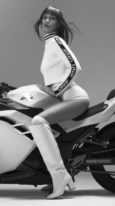 Celebrity Bella Hadid, Boots, Kawasaki Ninja, Monochrome, 2160x3840
