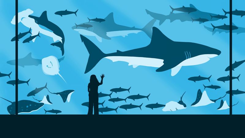 girl, aquarium, fish, sharks, 4k