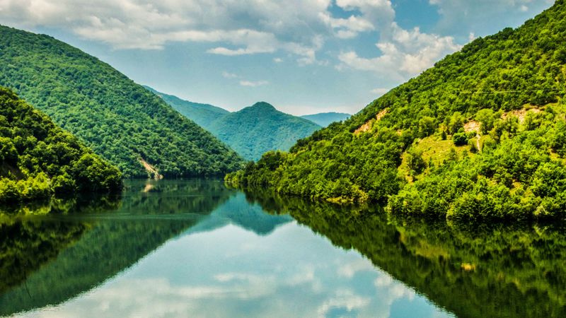 hills, forest, water, sky, 4k