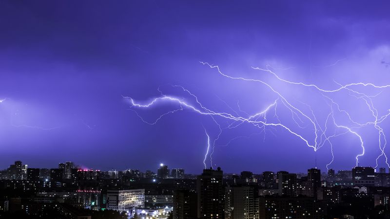 lightning, city, sky, night, 4k