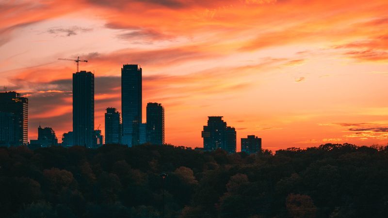 city, tower, sunset, road, trees, 4k