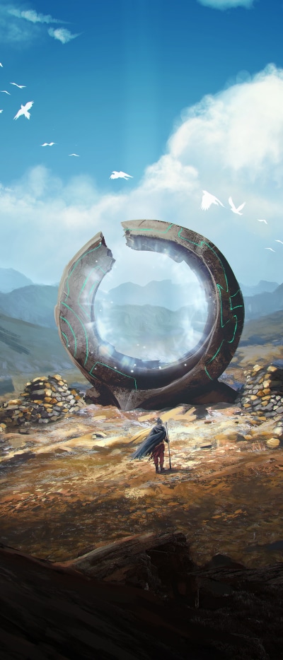 Fantasy Portal, Mountain, Traveler, 1644x3840