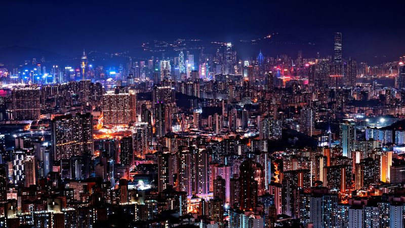 night city, buildings, lights, glow, 4k