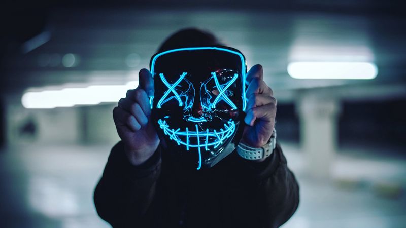 mask, neon, anonymous, hands, 4k