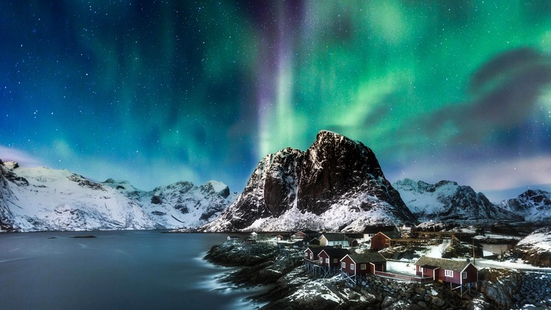 Norway, Lofoten islands, Europe, Mountains, sea, night, northern lights, 4K