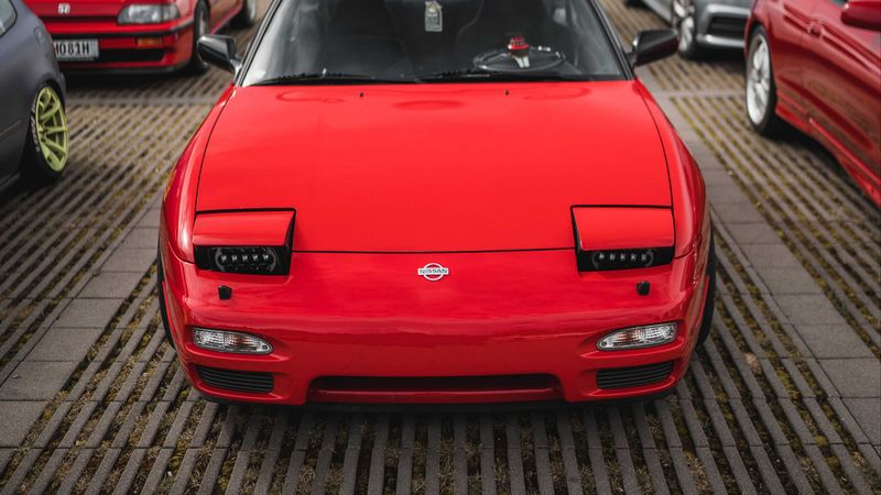 nissan, car, front view, red, 4k