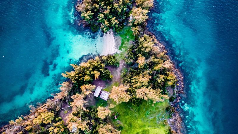 island, aerial view, trees, waves, coast, 4k