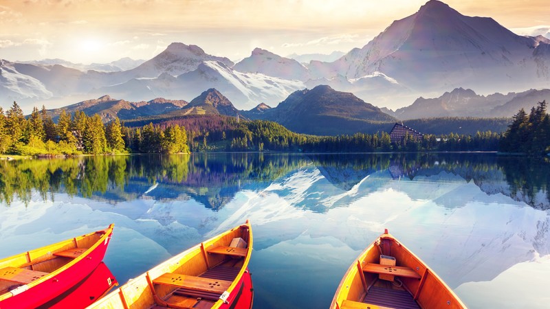 Lake, boat, sky, colors, 4K
