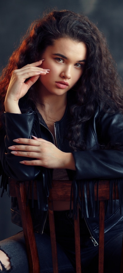 Women Model, Black Hair, Leather Jacket, 1440x3200