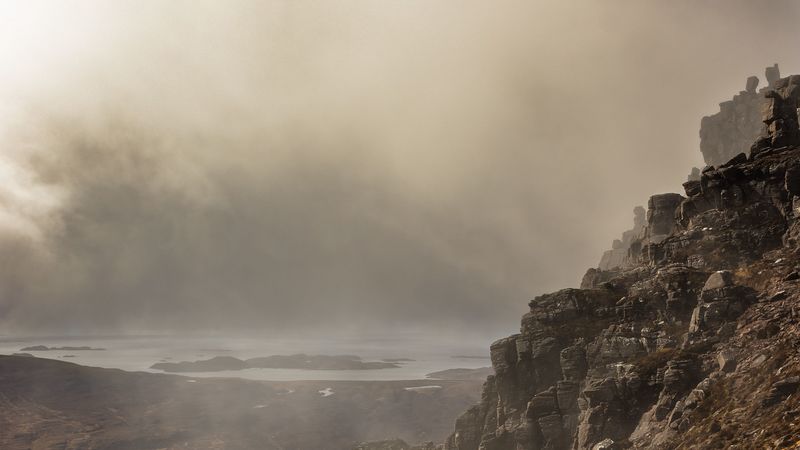 fog, rock, cliff, stone, 4k