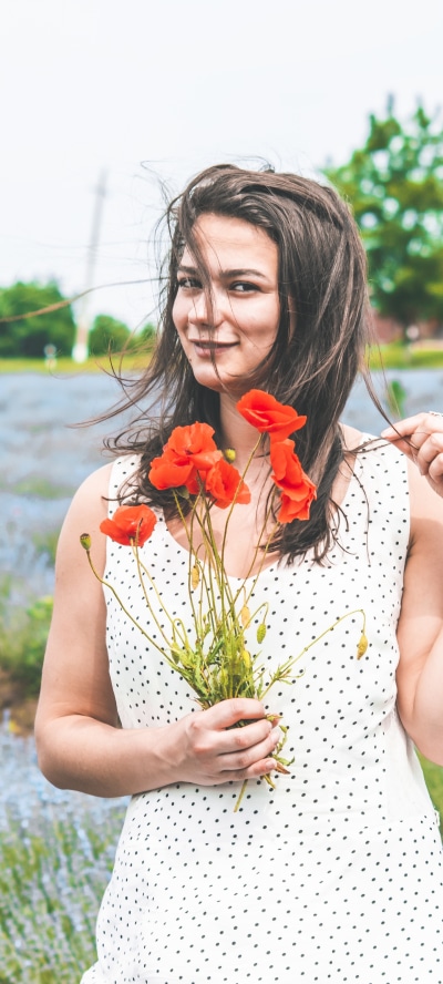 Women Model, Flower, Poppy, Black Hair, Depth Of Field, Dress, 1440x3200
