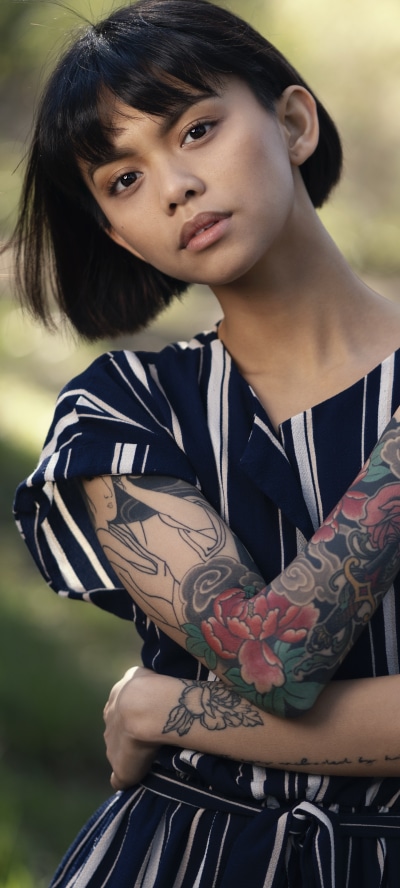 Women Tattoo, Model, Short Hair, Brown Eyes, Black Hair, 1440x3200