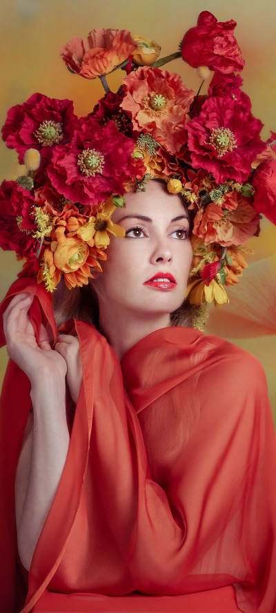 Women Model, Lipstick, Headdress, Flower, 1440x3200
