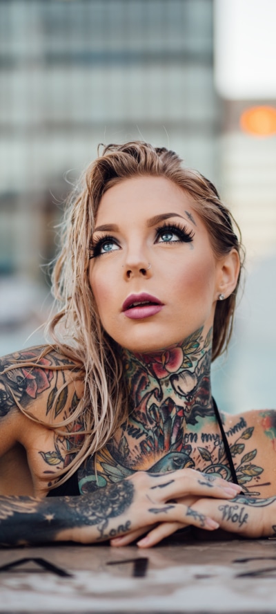 Women Tattoo, Blue Eyes, Model, Blonde, 1440x3200