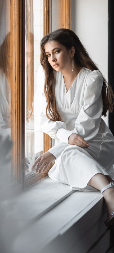 Women Model, White Dress, Brunette, Long Hair, 1440x3200