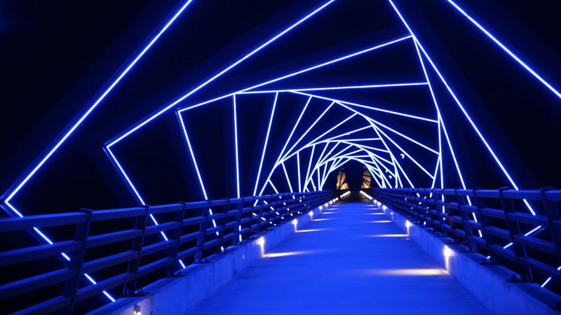 bridge, neon, blue, distance, 4k