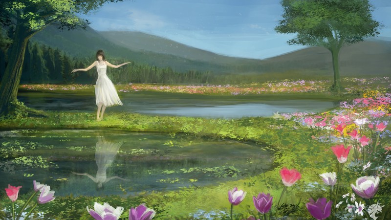 Reflection, Tree, White Dress, Woman, 4K, 4K