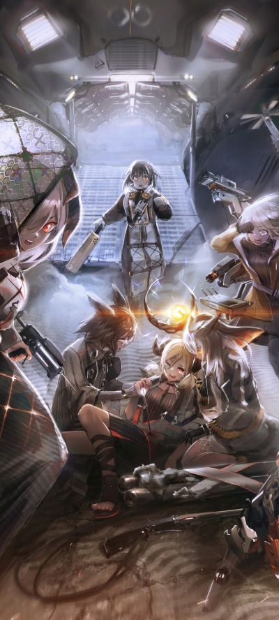 Video Game Arknights, Magallan (Arknights), Ifrit (Arknights), Saria (Arknights), Mayer (Arknights), Ptilopsis (Arknights), 1440x3200