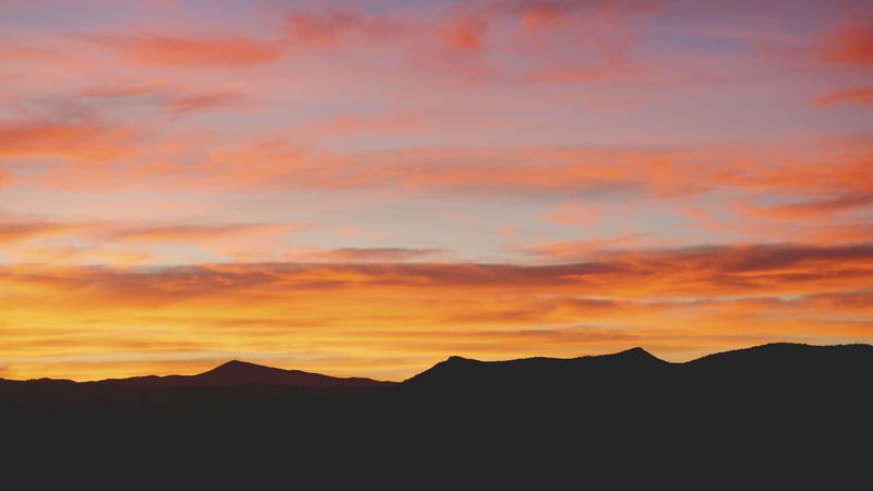 sunset, mountains, horizon, clouds, 4k