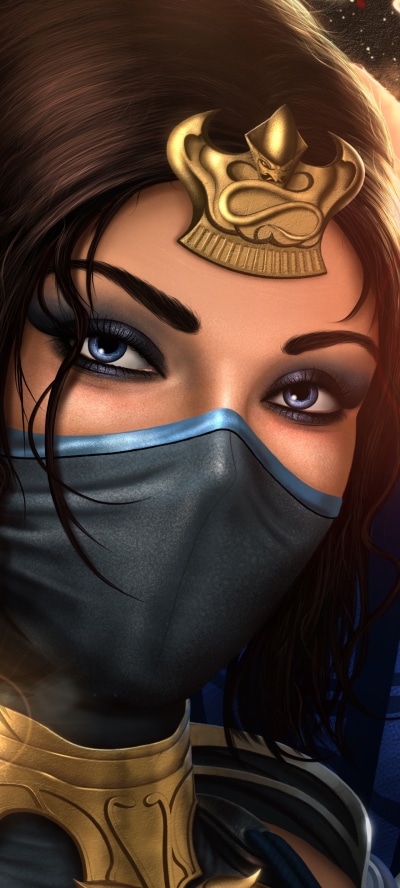 Video Game Mortal Kombat, Blue Eyes, Mask, Kitana (Mortal Kombat), Face, Brown Hair, 1440x3200