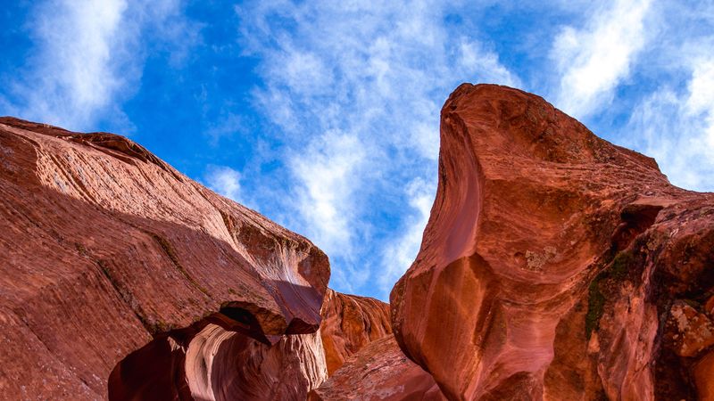 canyon, rock, sky, cave, bottom view, 4k