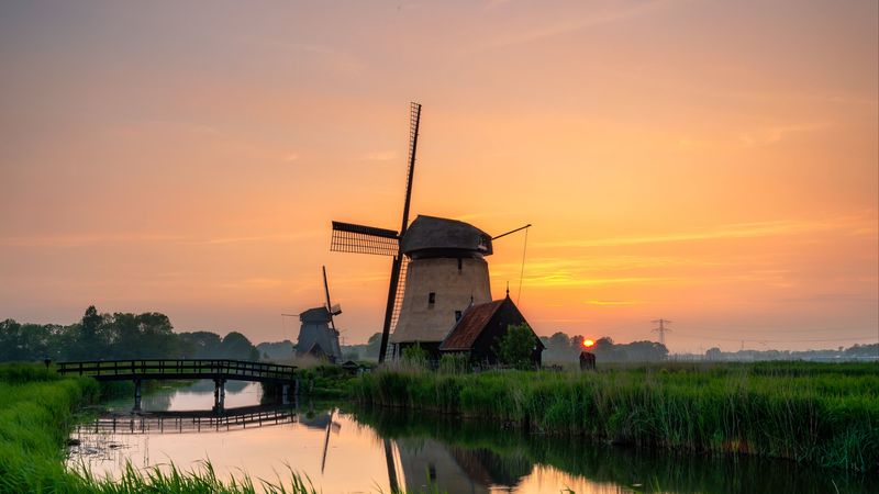 mill, river, grass, structure, 4k