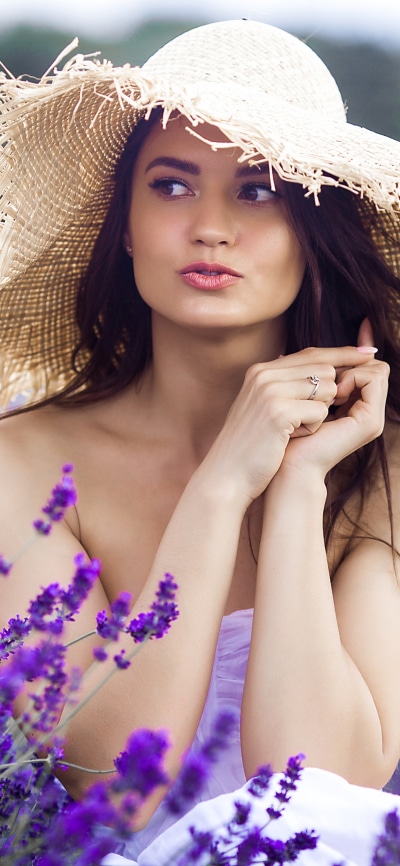 Women Model, Lavender, Brown Eyes, Brunette, Purple Flower, Hat, 1440x3120