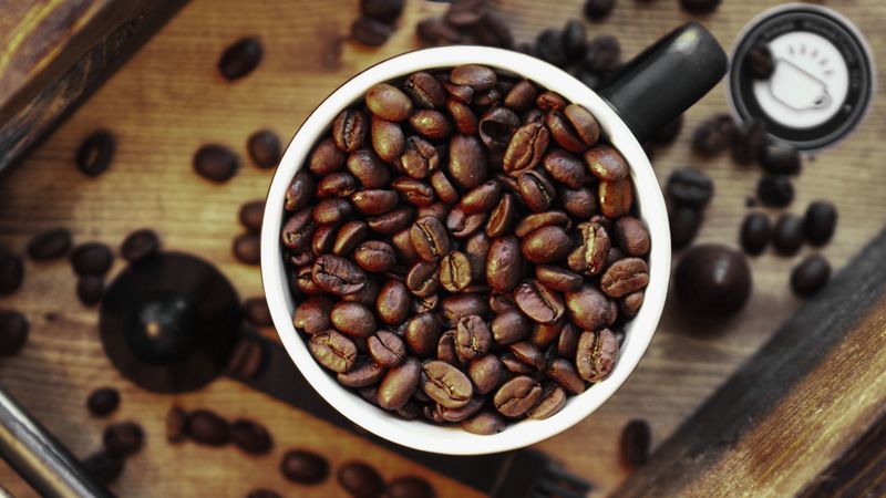 coffee, grains, cup, surface, 4k