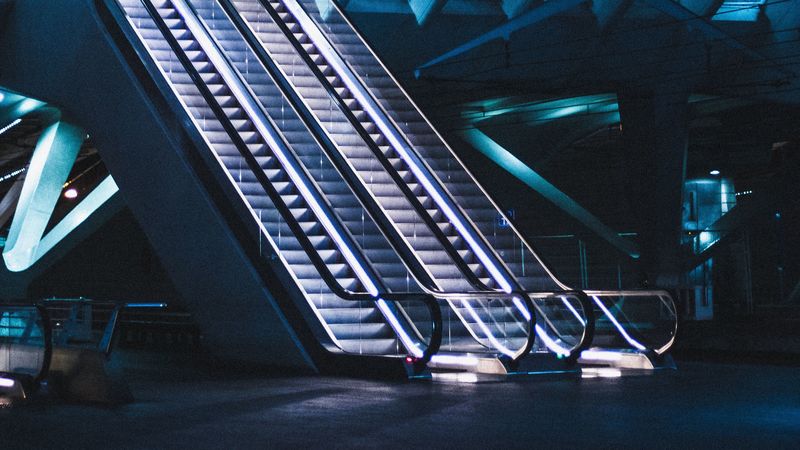 escalator, building, room, staircase, 4k