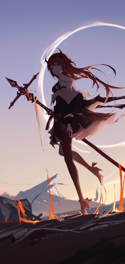 Video Game Arknights, Surtr (Arknights), Long Hair, Red Hair, 1440x3040