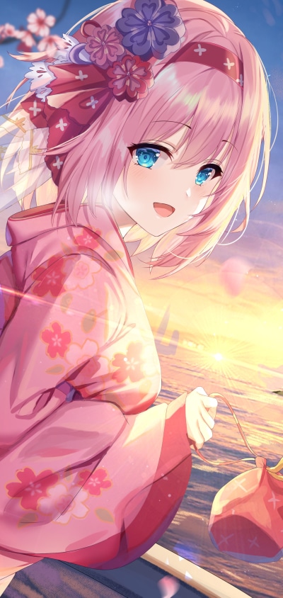 Anime Princess Connect! Re:Dive, Short Hair, Kimono, Pink Hair, Aqua Eyes, Japanese Clothes, 1440x3040