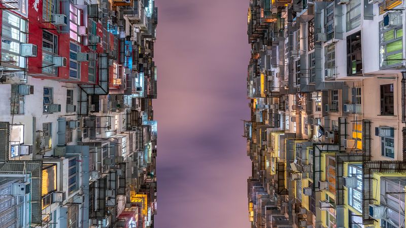building, bottom view, balcony, sky, 4k