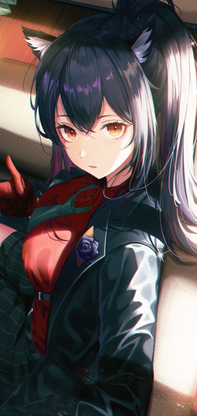 Video Game Arknights, Black Hair, Animal Ears, Texas (Arknights), Brown Eyes, 1440x3040