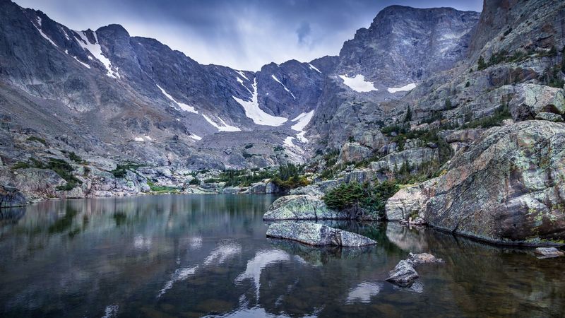 peaks, snow, lake, landscape, 4k