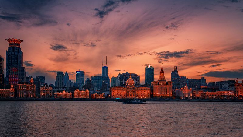 city, horizon, water, evening, 4k