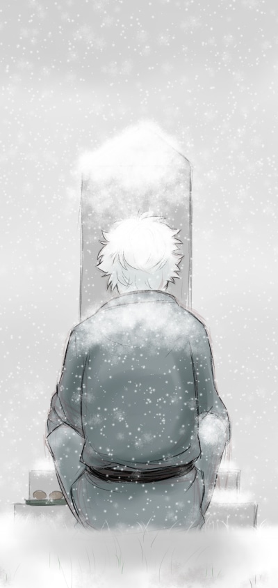 Anime Gintama, Gintoki Sakata, Winter, Grave, Snow, White Hair, 1440x3040