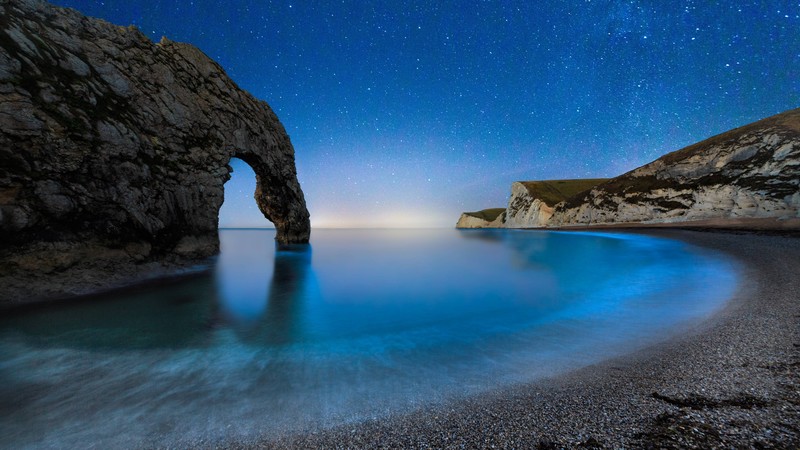 Durdle Door, 4K, beach, night, stars, sea, England