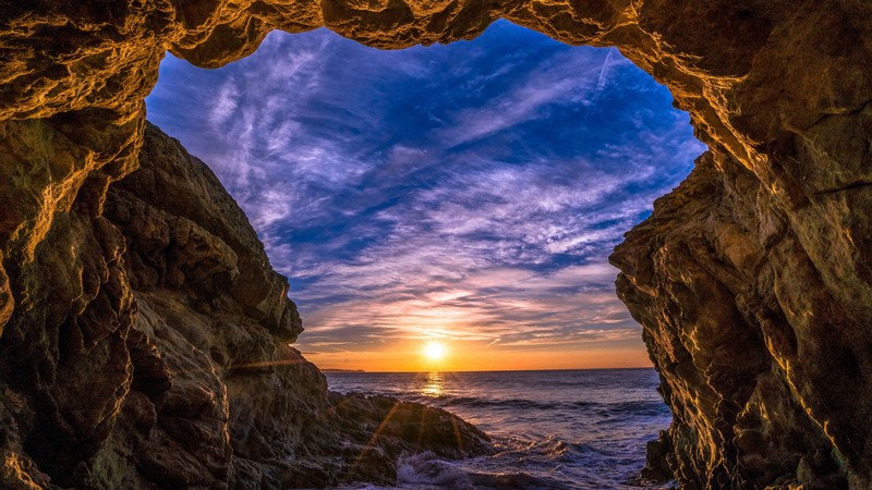 Malibu, California, sunset, beach, ocean, coast, sky, 4K
