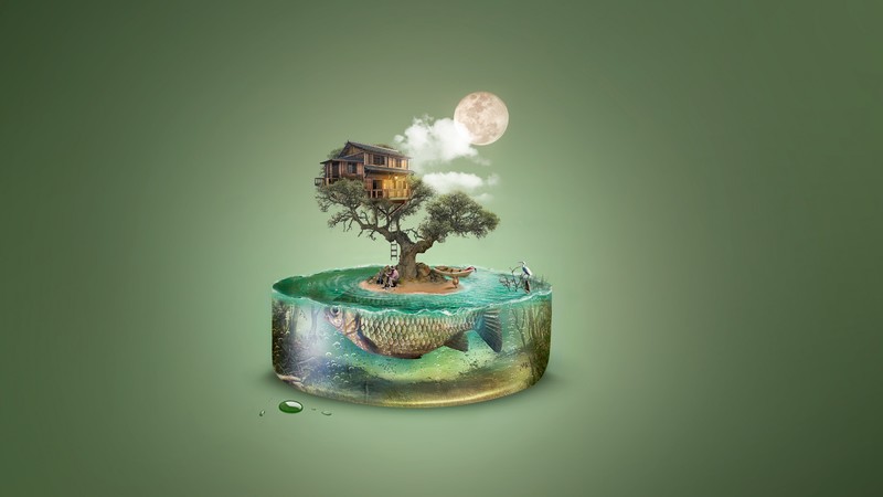 art, tree, fish, island, house, underwater, 4k