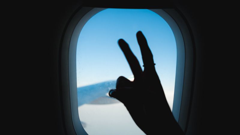 porthole, hand, gesture, sky, 4k