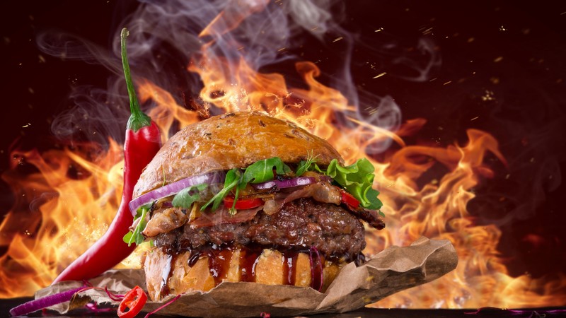 burger, steak, fire, fast food, pepper, 4K