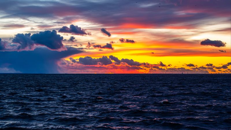 sunset, sky, waves, horizon, 4k