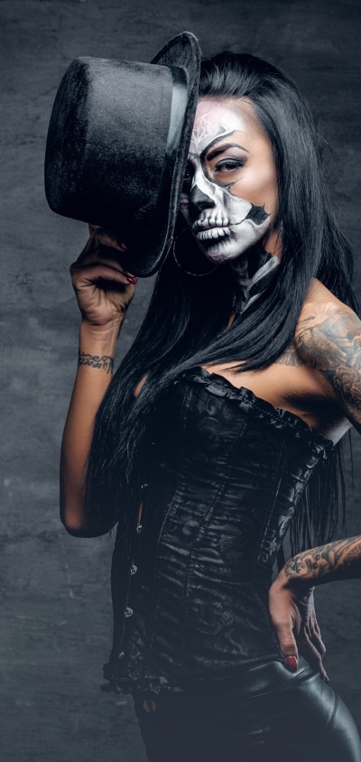Women Tattoo, Hat, Brunette, Sugar Skull, Model, 1440x3040